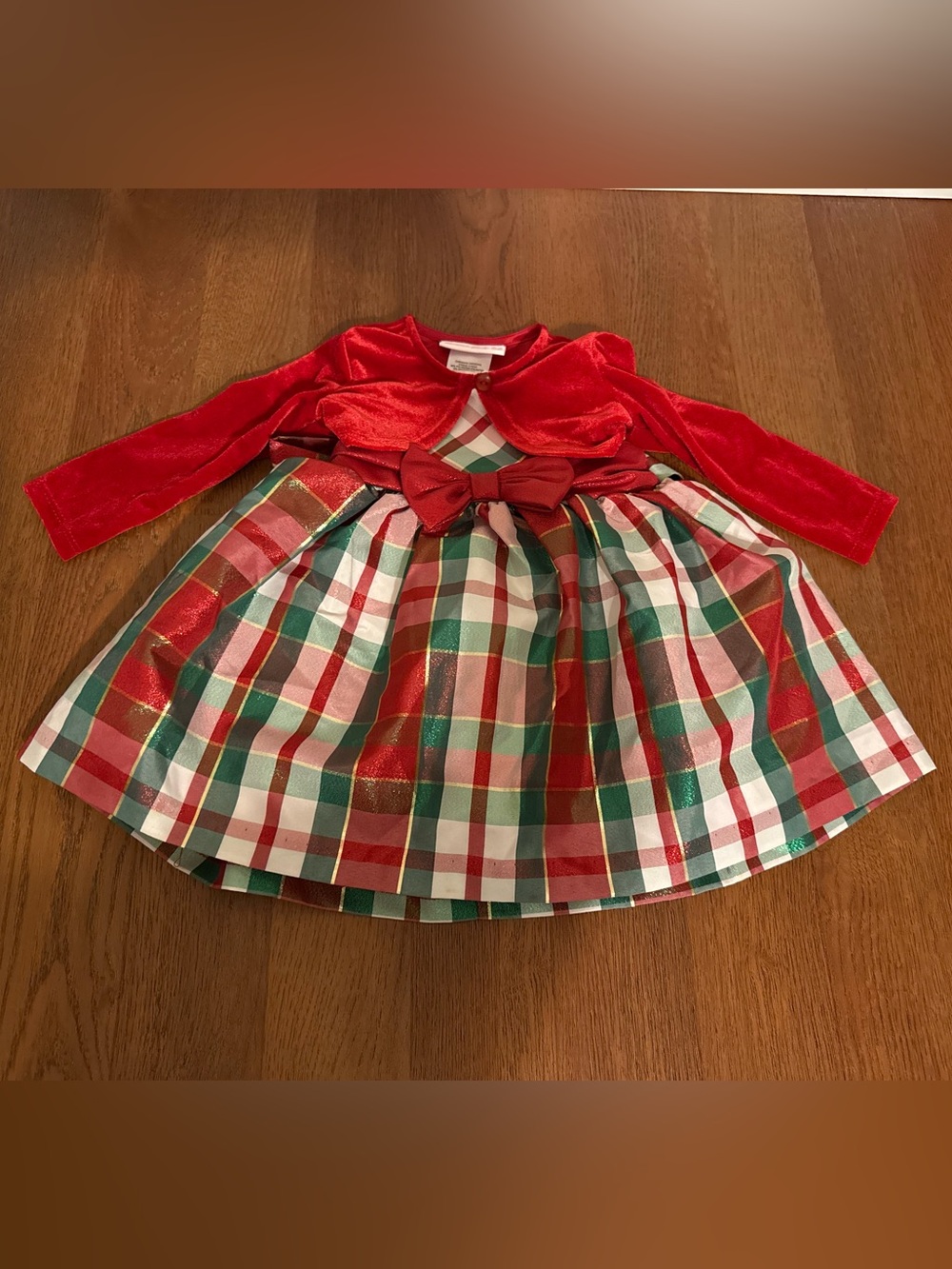 NWT Bonnie Baby 3 Piece Christmas Plaid Dress Set Shrug Bloomers 12M